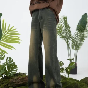 Jeans Men Solid Straight Denim Jean Ankle Length Flare Pants Spliced Pockets Loose High Street Washed Zipper Distressed 2025